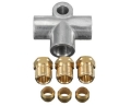 Téčko s výstupy 3x trubka 3/16 (4,75mm) se závity M10 x 1.0 s držákem